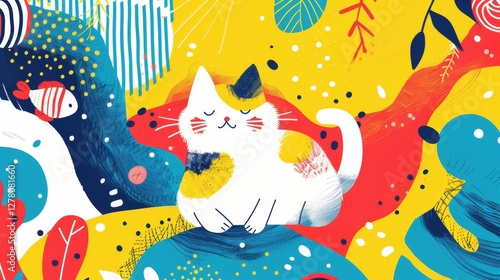 Cute cat in vibrant abstract underwater scene
