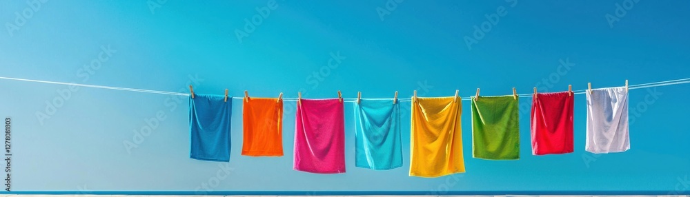 Colorful towels hanging on a clothesline against a blue sky. Colorful towels hanging on a clothesline against a blue sky.