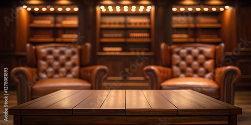 A dark wooden tabletop in a classic cigar lounge with tufted leather chairs and a warm ambiance. Ideal for luxury, whiskey, and classic lifestyle themes.