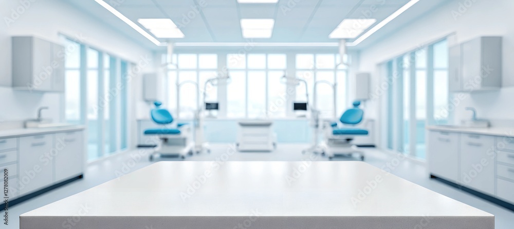 A clean white tabletop in a bright dental office with blue dental chairs and advanced medical tools. Perfect for healthcare and professional presentations. A clean white tabletop in a bright dental office with blue dental chairs and advanced medical tools. Perfect for healthcare and professional presentations.