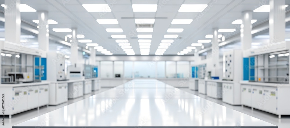 A sleek white tabletop in a high-tech laboratory with bright lighting and advanced scientific equipment. Ideal for medical, research, or pharmaceutical content. A sleek white tabletop in a high-tech laboratory with bright lighting and advanced scientific equipment. Ideal for medical, research, or pharmaceutical content.