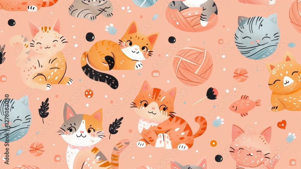 Cute cat pattern, various poses, on a light pink background, with yarn balls and fish; fabric design Cute cat pattern, various poses, on a light pink background, with yarn balls and fish; fabric design