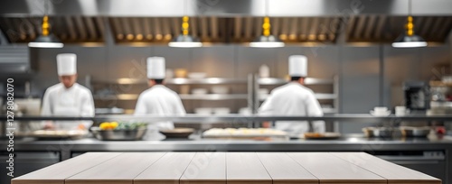 A wooden tabletop in a busy restaurant kitchen with chefs preparing food in the background. Great for culinary, gastronomy, and restaurant-related content.