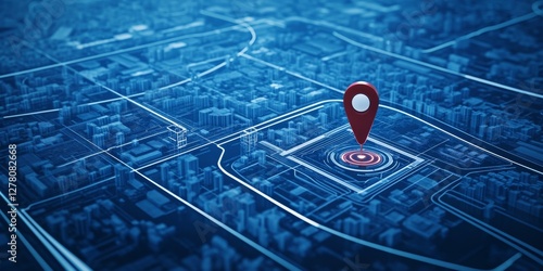 Blue City Map with Red Location Pin, Detailed Urban Navigation, Modern Technology.