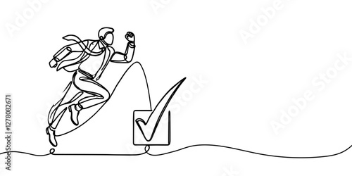 Continuous one line drawing of businessman running to next checkpoint to put check mark, journey of success, work progress concept, single line art.