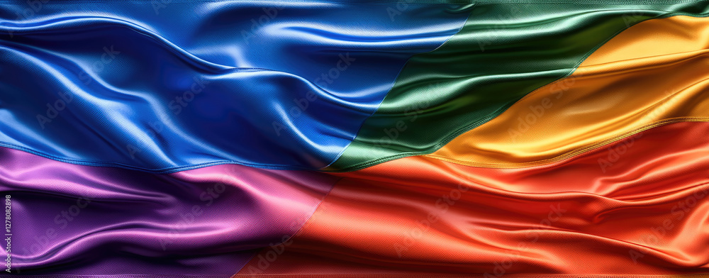 Obraz premium Rainbow flag matching satin cloth covered the whole picture, rainbow stripes, red, orange, yellow, green, blue and purple colors are very bright.