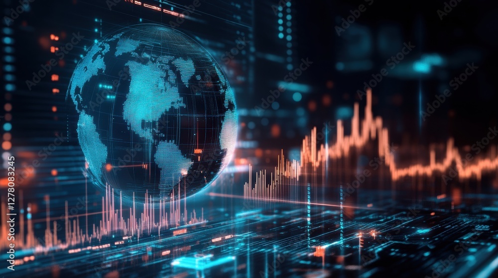Investment and economics theme with a digital globe, business analytics, and futuristic financial graphs. Investment and economics theme with a digital globe, business analytics, and futuristic financial graphs.