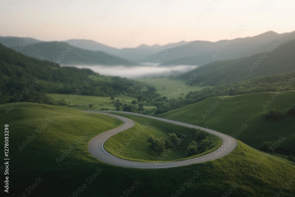 Obraz premium Winding road meanders through lush green hills, revealing stunni