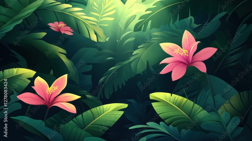 Fototapeta premium Lush Jungle Flowers Sunlight Background