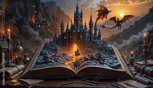 A magical open book per generating with a fantasy scene emerging from its pages. A dark gothic castle with tall spires and intricate details rises from the center, surrounded by rugged volcanic terrai