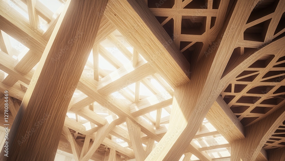 Fototapeta premium Intricate wooden structure, interior, daylight, architectural design