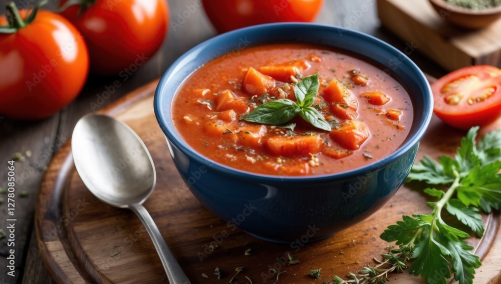 A bowl of creamy tomato soup garnished with fresh herbs, surrounded by ripe tomatoes and greens on a rustic surface, offering an appetizing view of a healthy, homemade meal A bowl of creamy tomato soup garnished with fresh herbs, surrounded by ripe tomatoes and greens on a rustic surface, offering an appetizing view of a healthy, homemade meal