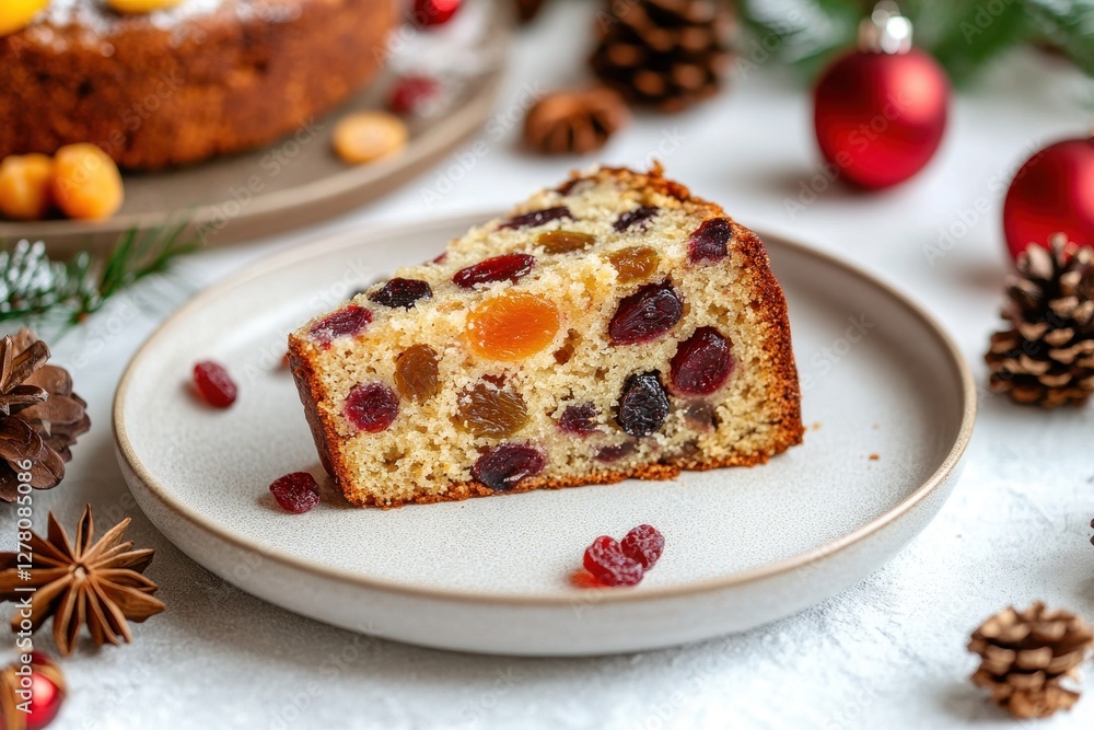 Delicious slice of moist fruit cake elegantly presented on a simple ceramic plate, perfect for any occasion. Delicious slice of moist fruit cake elegantly presented on a simple ceramic plate, perfect for any occasion.