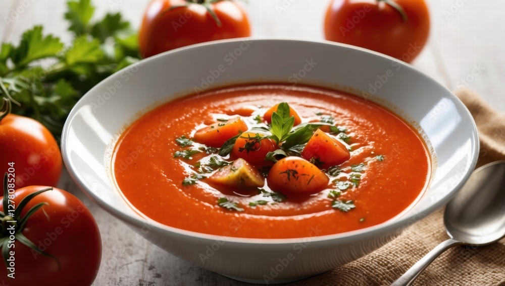 A bowl of creamy tomato soup garnished with fresh herbs, surrounded by ripe tomatoes and greens on a rustic surface, offering an appetizing view of a healthy, homemade meal A bowl of creamy tomato soup garnished with fresh herbs, surrounded by ripe tomatoes and greens on a rustic surface, offering an appetizing view of a healthy, homemade meal