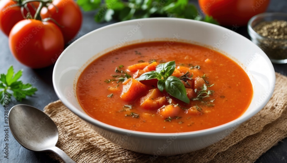 A bowl of creamy tomato soup garnished with fresh herbs, surrounded by ripe tomatoes and greens on a rustic surface, offering an appetizing view of a healthy, homemade meal A bowl of creamy tomato soup garnished with fresh herbs, surrounded by ripe tomatoes and greens on a rustic surface, offering an appetizing view of a healthy, homemade meal