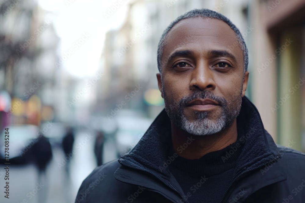 Man with gray beard stands confidently in urban street on a chilly day while people walk in the background Man with gray beard stands confidently in urban street on a chilly day while people walk in the background