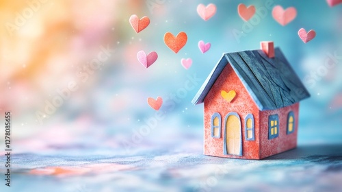 Sweet miniature house surrounded by hearts, a dreamy image