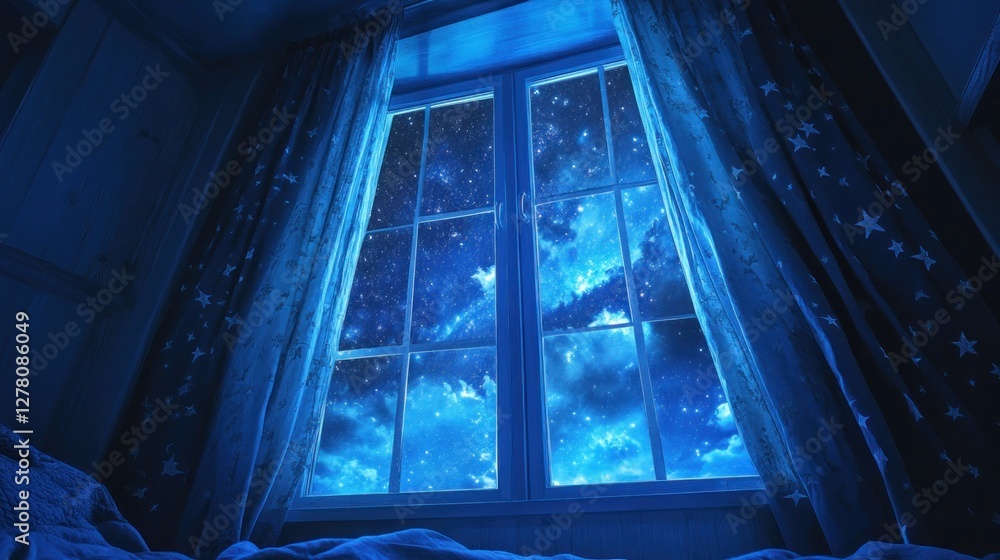 Obraz premium A dreamy night scene of a window revealing a starry sky and cosmic elements.