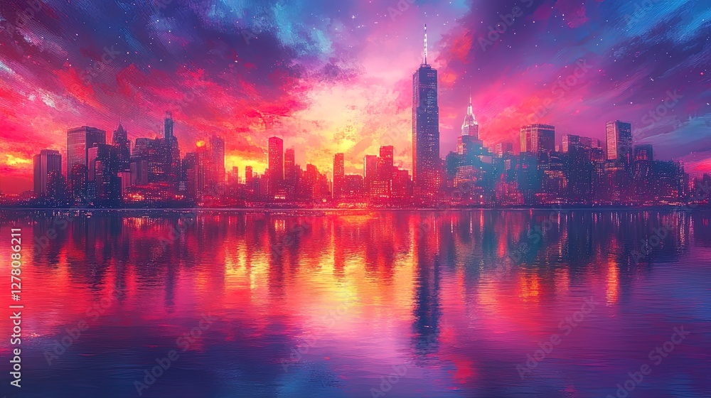 A colorful cityscape reflecting on a river at night, artistic and vibrant A colorful cityscape reflecting on a river at night, artistic and vibrant