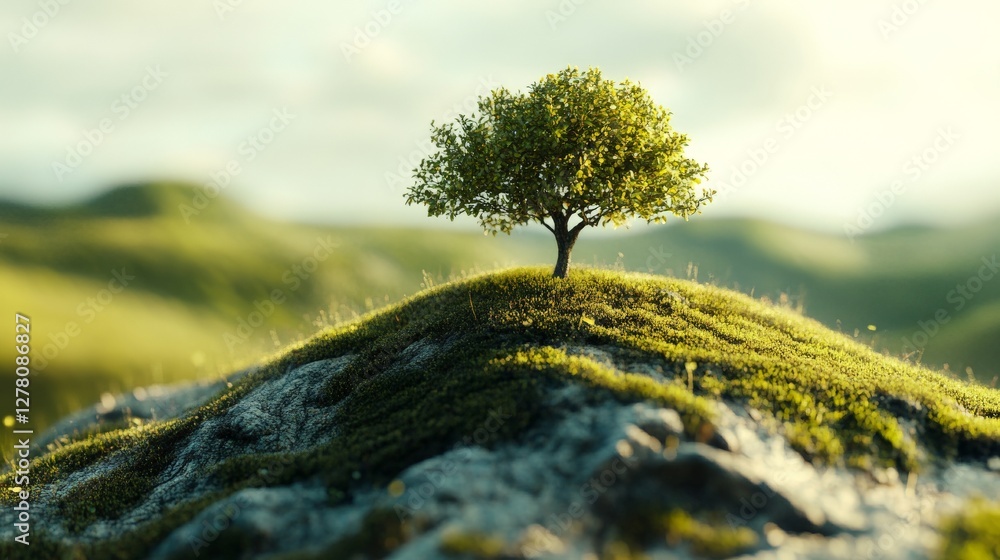 A single tree stands tall on a small hill, surrounded by rolling green hills in the distance. A feeling of peace and hope. A single tree stands tall on a small hill, surrounded by rolling green hills in the distance. A feeling of peace and hope.