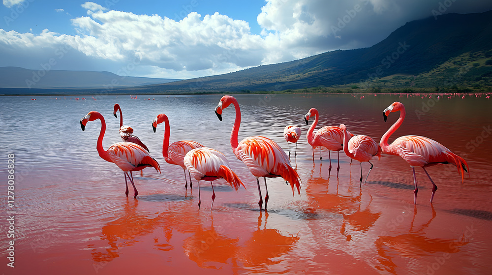 Naklejka premium Flamingos wading in serene lake, vibrant pink birds reflected in water, tranquil nature scene perfect for wildlife themes.