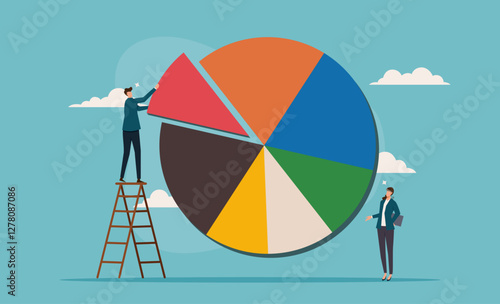 Investment asset allocation and adjustment strategies, with business people, investors or financial planners constructing pie charts on ladders to rebalance portfolios according to risk levels and pot