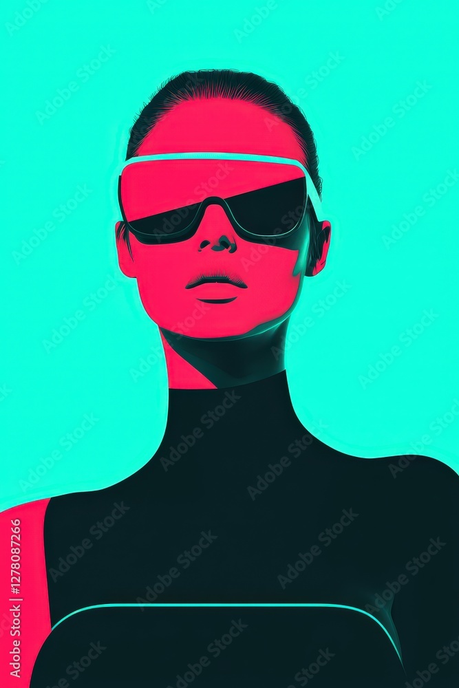 Futuristic Portrait of Woman Wearing Stylish Sunglasses in Neon Colors Futuristic Portrait of Woman Wearing Stylish Sunglasses in Neon Colors