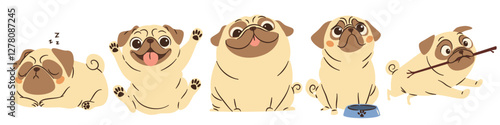 A set of flat vector illustrations in a simple children's style. Cute funny dogs of pug breed in different poses on white background . Vector illustration