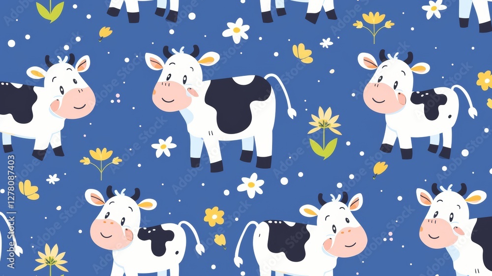 Obraz premium Cute cow pattern on blue background with flowers and dots. Kids' wallpaper design