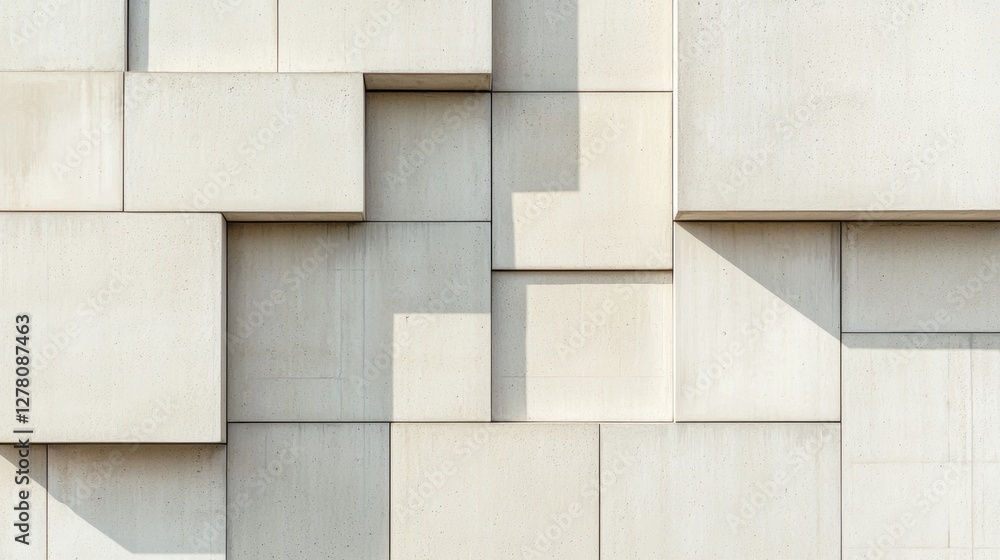A modern architectural wall featuring overlapping rectangular panels in neutral colors, showcasing geometric design and subtle shadows. A modern architectural wall featuring overlapping rectangular panels in neutral colors, showcasing geometric design and subtle shadows.