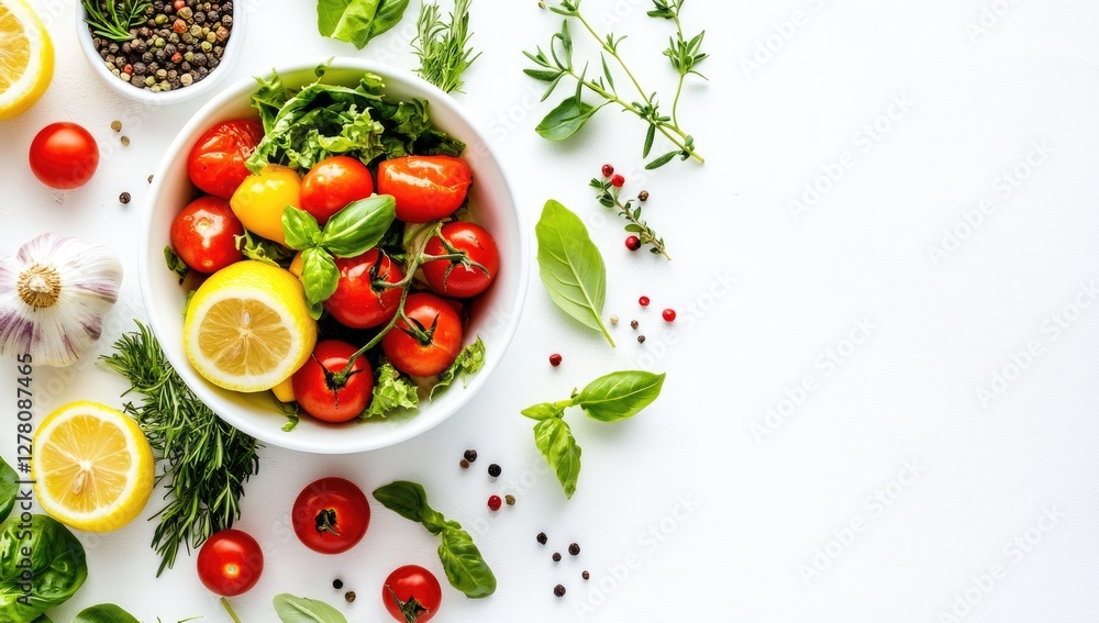 Fresh vegetables and herbs on white background Fresh vegetables and herbs on white background