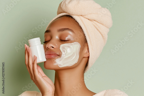 Woman applying cream for skin rejuvenation, anti-wrinkle, skin care for radiant face. photo