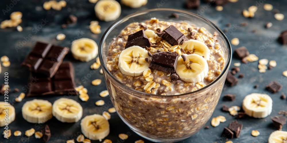 Oatmeal bowl with banana slices and chocolate chunks. Food photography. Oatmeal bowl with banana slices and chocolate chunks. Food photography.