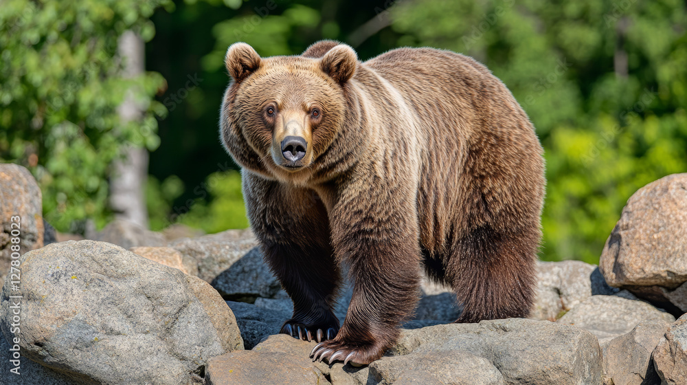 Wild brown bear standing on rocks in a forest during autumn, surrounded by golden foliage, with a scenic mountain landscape in the background, symbolizing wildlife, nature, and wilderness exploration
Wild brown bear standing on rocks in a forest during autumn, surrounded by golden foliage, with a scenic mountain landscape in the background, symbolizing wildlife, nature, and wilderness exploration
