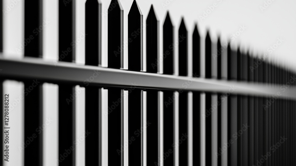 A close-up of a black, pointed fence, showcasing its vertical slats and sharp tips against a minimalist backdrop in monochrome. A close-up of a black, pointed fence, showcasing its vertical slats and sharp tips against a minimalist backdrop in monochrome.