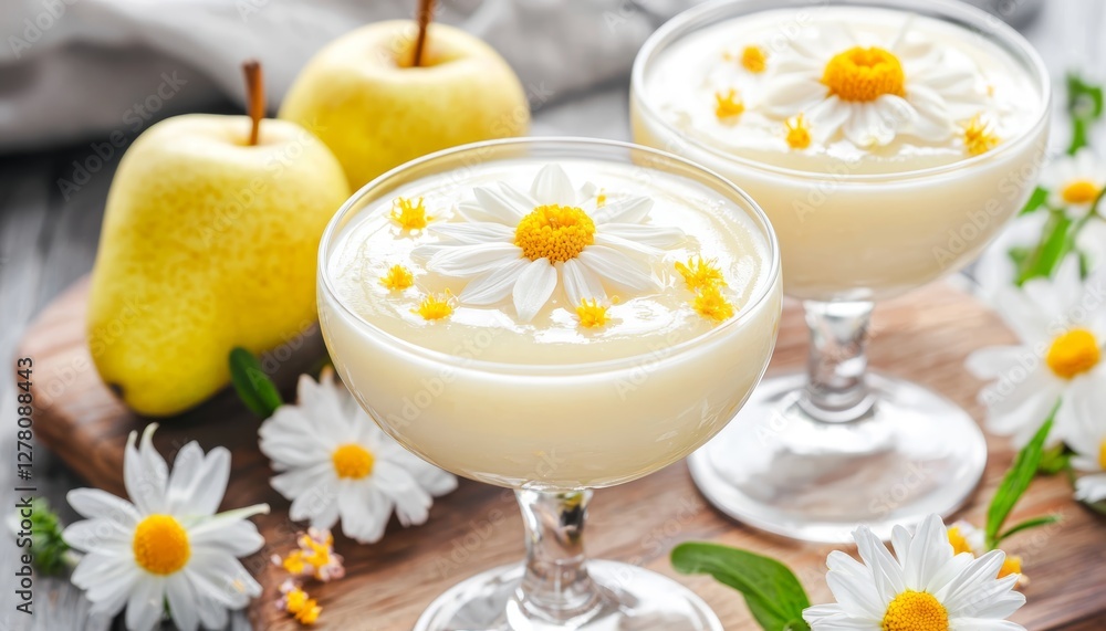 A delicate chamomile and pear mocktail, served in a coupe glass with edible flowers floating on top. A delicate chamomile and pear mocktail, served in a coupe glass with edible flowers floating on top.