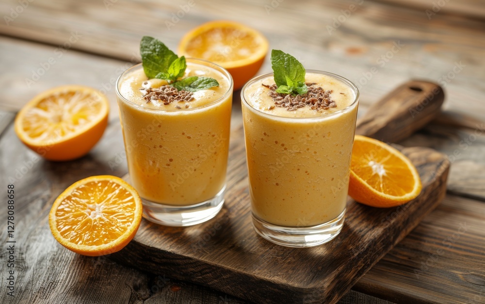 Two Orange Smoothies with Mint and Chocolate Chips on Wooden Board with Halved Oranges Two Orange Smoothies with Mint and Chocolate Chips on Wooden Board with Halved Oranges