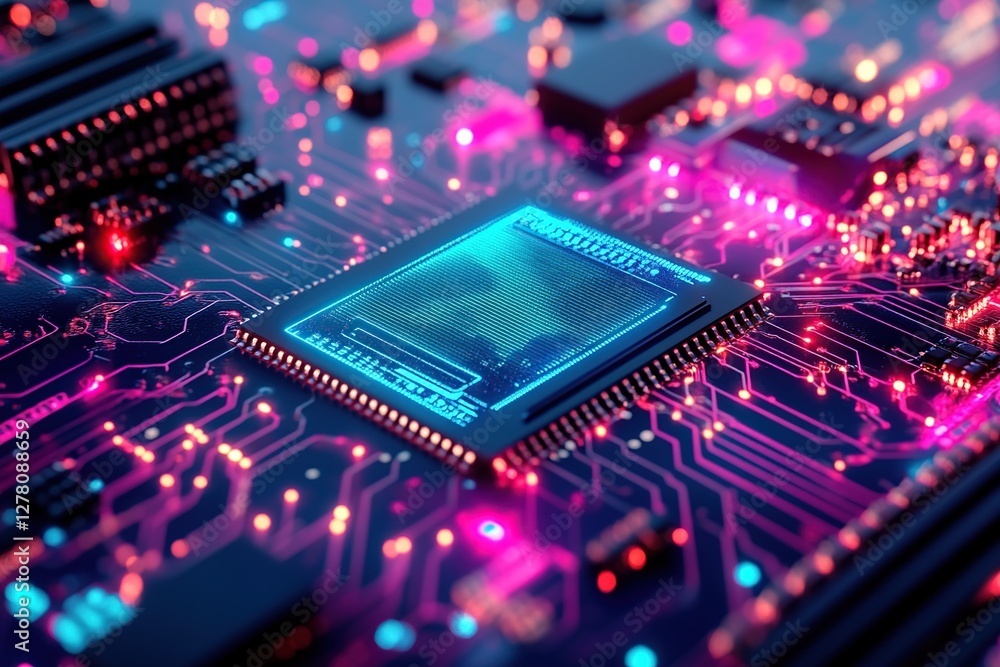 Exploring Microchip Circuitry: Advanced Technology's Tiny Powerhouse with Glowing Traces and Intricate Designs, Illuminating the Future of Computing. Exploring Microchip Circuitry: Advanced Technology's Tiny Powerhouse with Glowing Traces and Intricate Designs, Illuminating the Future of Computing.