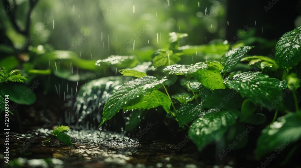 Raindrops falling on lush green foliage in a forest Raindrops falling on lush green foliage in a forest
