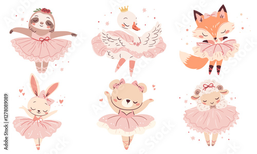 A set of flat vector illustrations in a simple children's style. Cute animals doing ballet, rabbit sheep bear swan, sloth, bird cub and fox in pink ballet tutus . Vector illustration