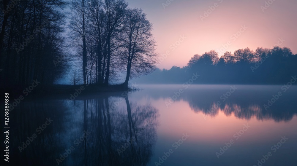 Fototapeta premium Peaceful lake scene at sunrise, trees reflected in calm water