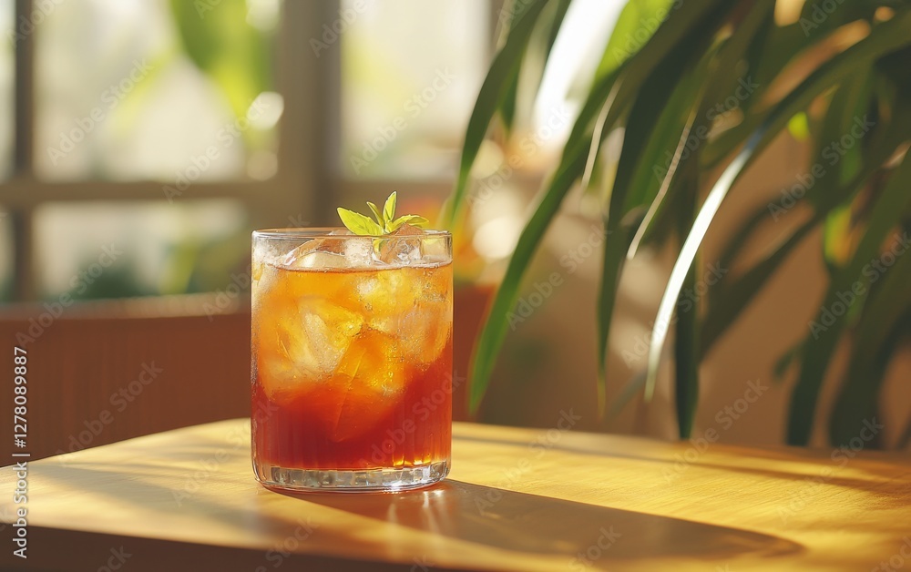 Iced Tea Glass with Mint Garnish on Wooden Table in Bright Light, Near Green Plant Iced Tea Glass with Mint Garnish on Wooden Table in Bright Light, Near Green Plant
