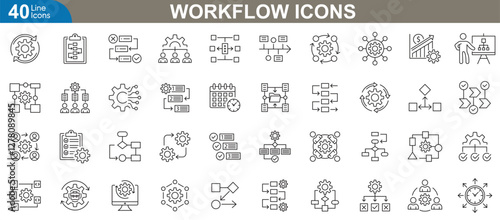 Work flow icons set. Icons for task management, project planning, workflow automation, team collaboration, productivity optimization, progress tracking and more. Vector illustration