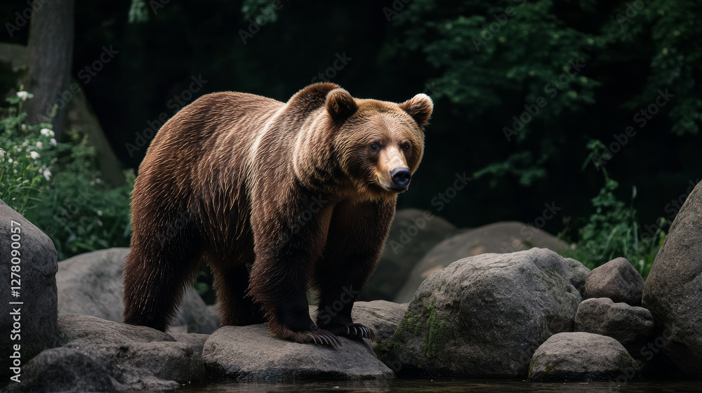 Fototapeta premium Wild brown bear standing on rocks in a forest during autumn, surrounded by golden foliage, with a scenic mountain landscape in the background, symbolizing wildlife, nature, and wilderness exploration 