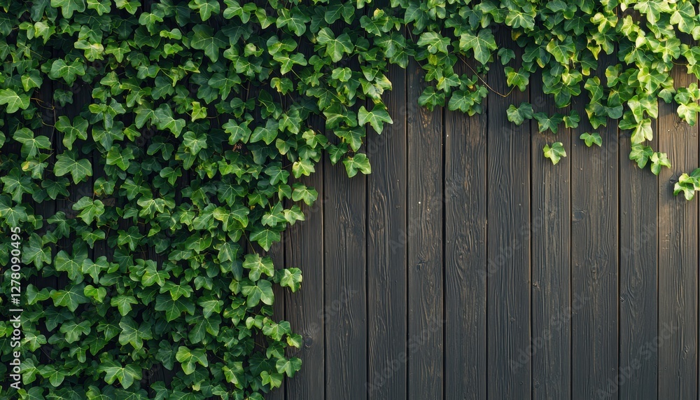 A wooden fence partially covered with vibrant green ivy, creating a natural and serene atmosphere. A wooden fence partially covered with vibrant green ivy, creating a natural and serene atmosphere.