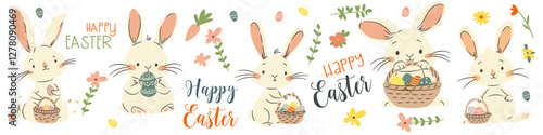 A set of flat vector illustrations in a simple children's style and lettering on the theme of Easter. Cute bunnies and rabbits holding baskets with Easter eggs. Vector illustration
