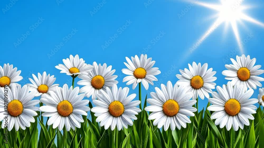 Bright field of daisies under a clear blue sky with sun shining, evoking a cheerful atmosphere Bright field of daisies under a clear blue sky with sun shining, evoking a cheerful atmosphere