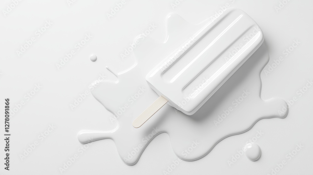 A monochromatic scene with a creamy white popsicle melting into a puddle on a pure white background for a clean, minimal look. A monochromatic scene with a creamy white popsicle melting into a puddle on a pure white background for a clean, minimal look.