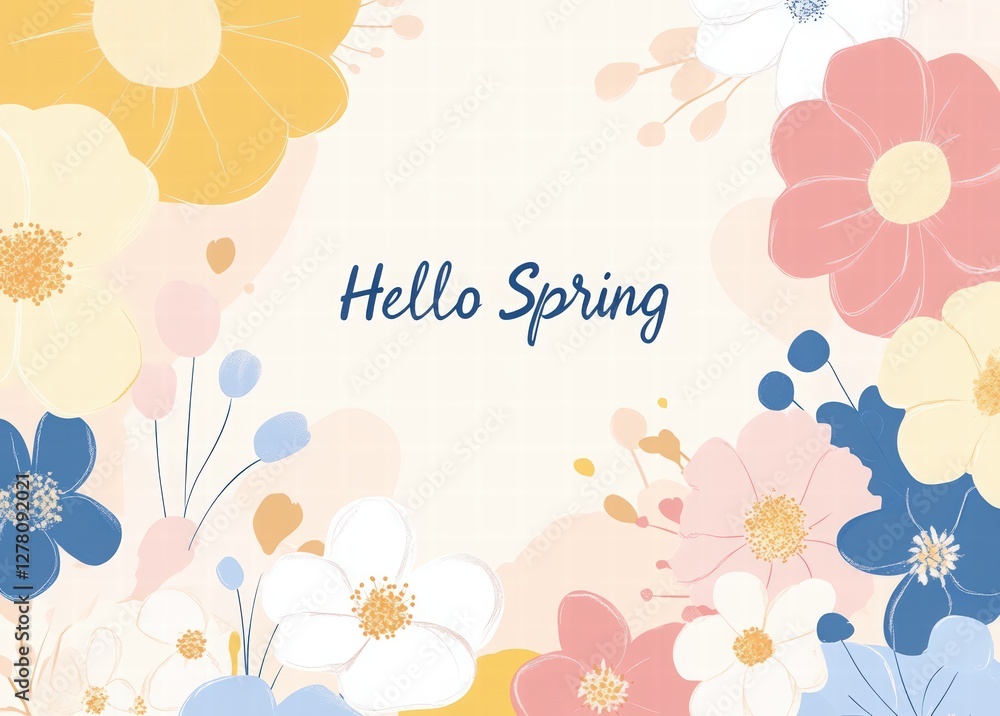 spring background with flowers and text Hello Spring. Hand-drawn illustration of cute flowers, leaves, and petals on a pastel-colored field spring background with flowers and text Hello Spring. Hand-drawn illustration of cute flowers, leaves, and petals on a pastel-colored field