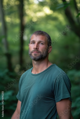 A man with a beard and a green shirt is standing in a forest. He looks tired and is covered in dirt